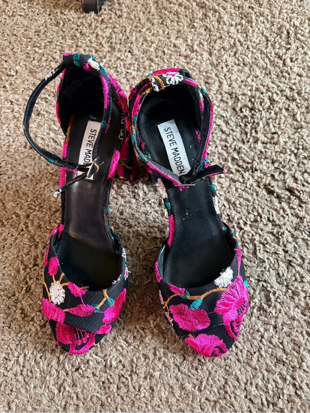 Steve Madden Black Heels with Pink Floral Embroidery